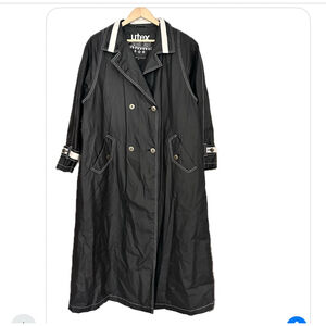 UTEX Black Trench Coat 10 L oversized Lightweight Shiny Nylon contrast stitchin